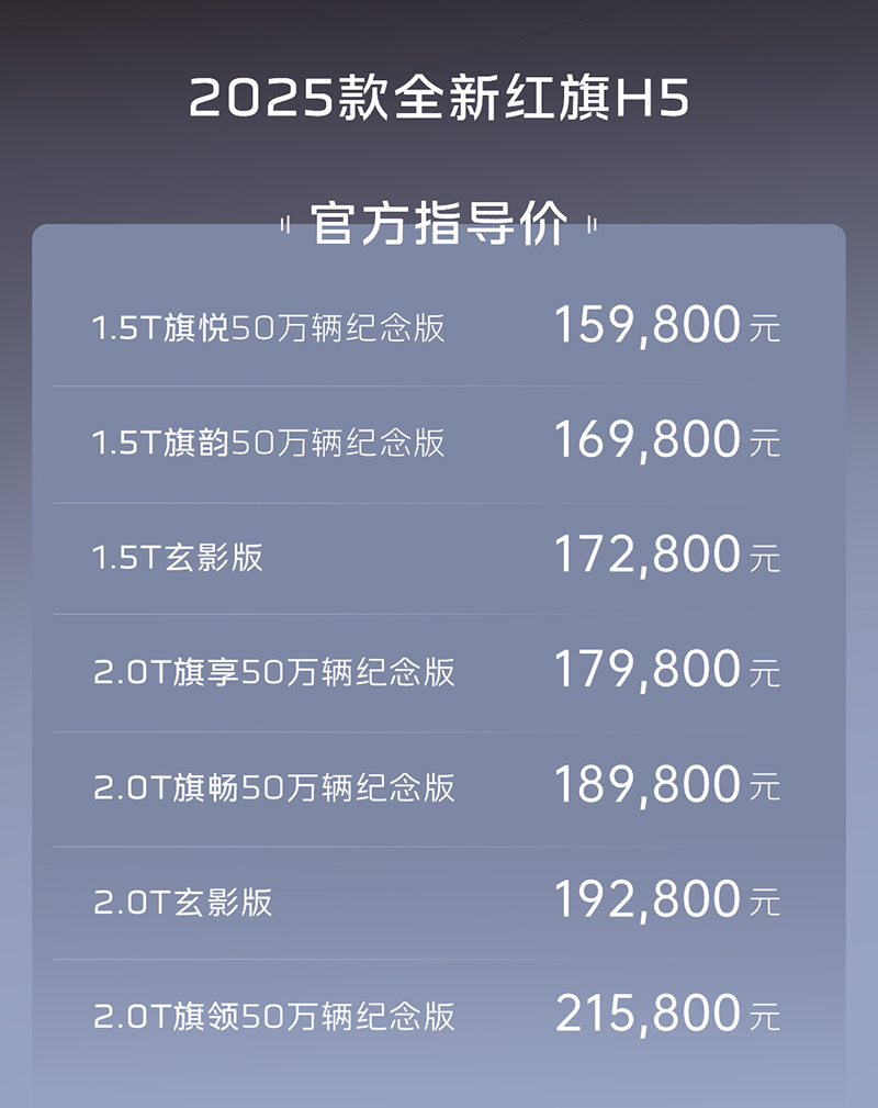 2025款红旗H5正式上市 售价为15.98-22.58万